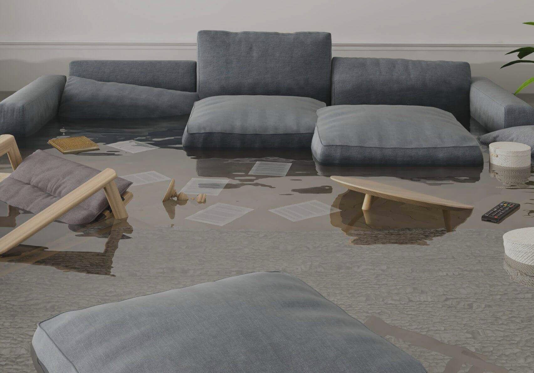 Flooded living room with submerged furniture and floating debris