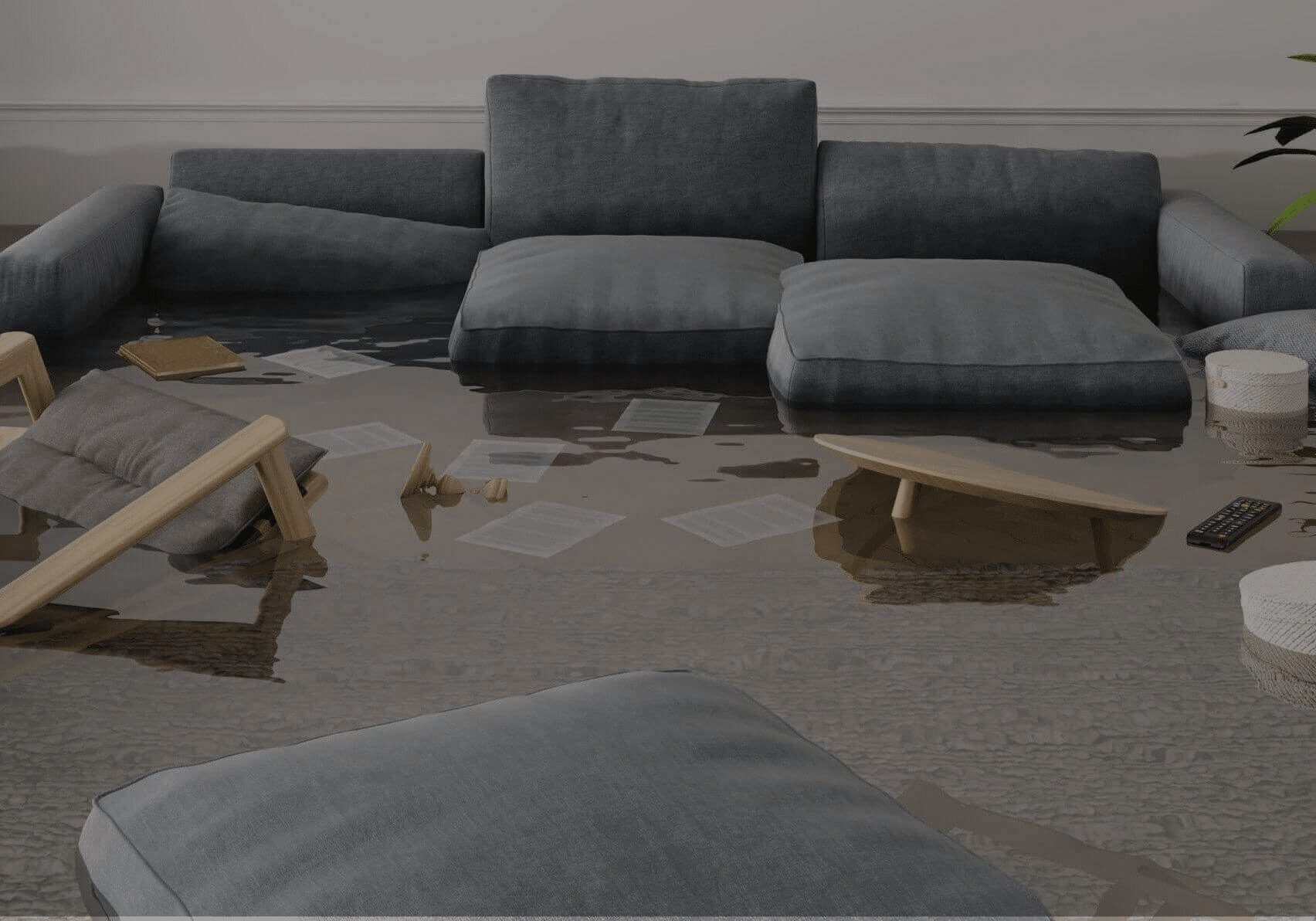 Flooded living room with sofa and furniture submerged in water