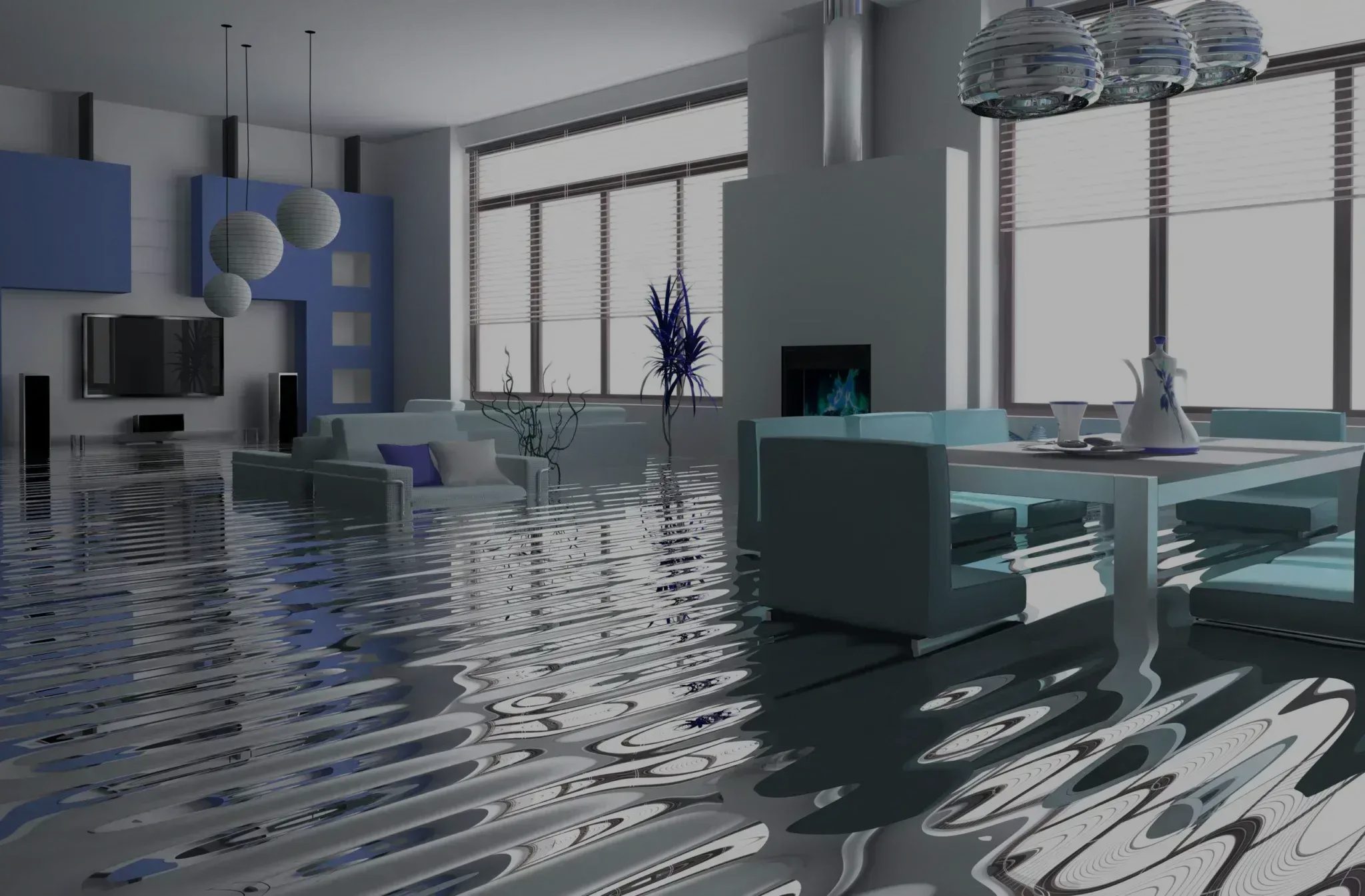 Modern living room flooded with standing water