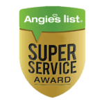 A green and yellow badge with the words " angie 's list super service award ".