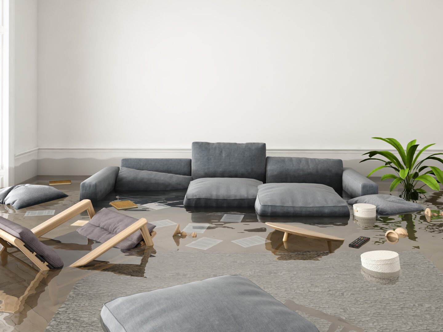 A living room flooded with water and debris.