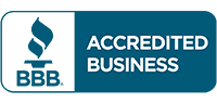 A blue and green banner with the words accredited business