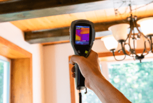 A person holding up an infrared camera to check the ceiling.