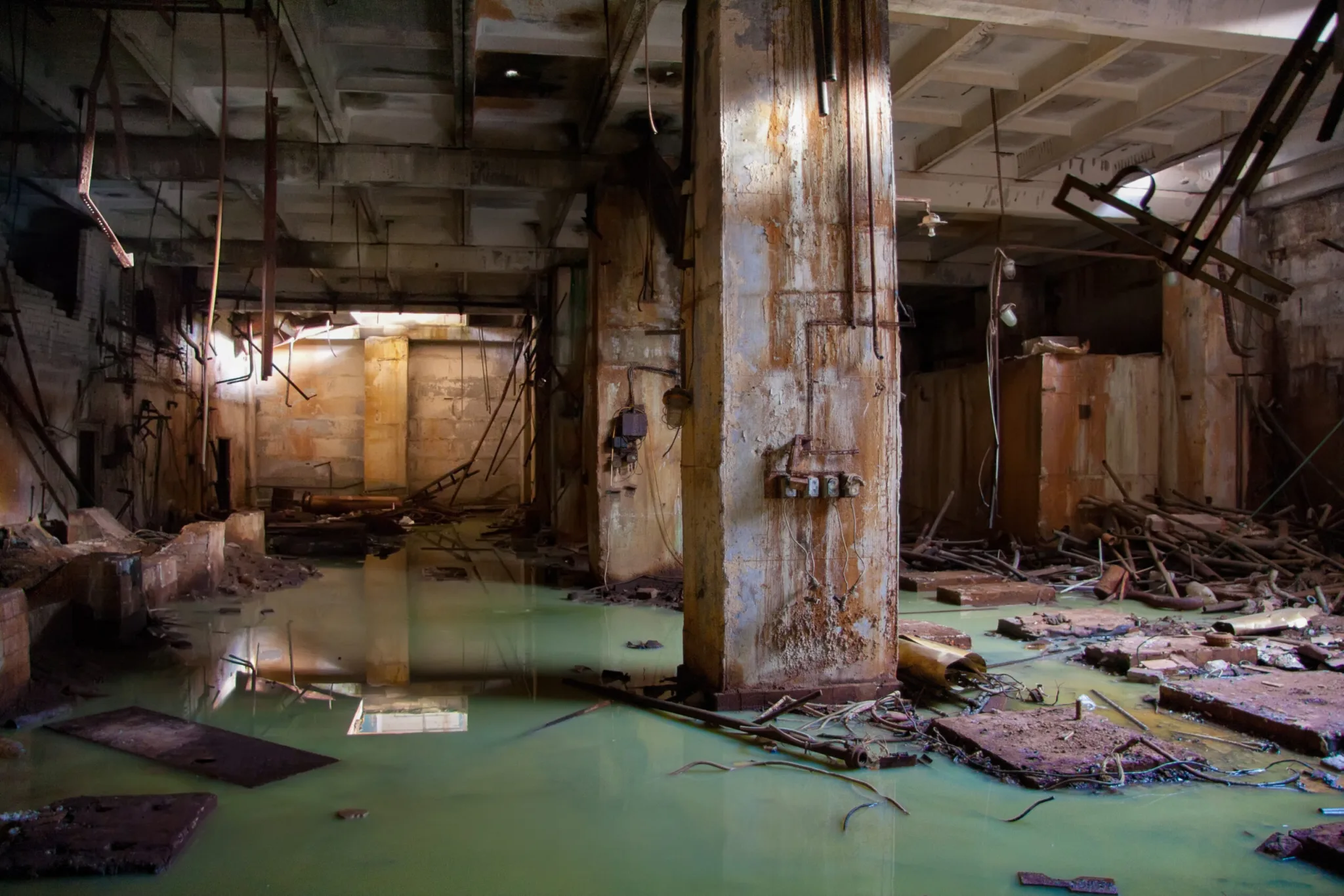 A room with a lot of debris on the floor