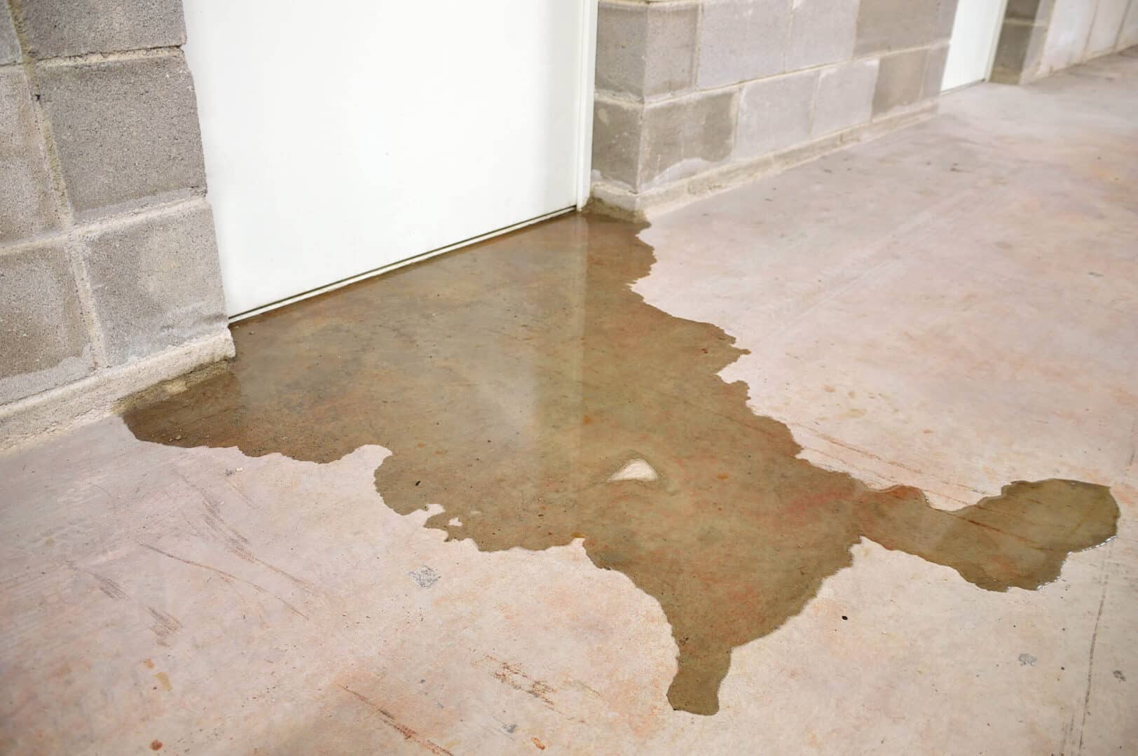 A puddle of water on the floor in front of a door.